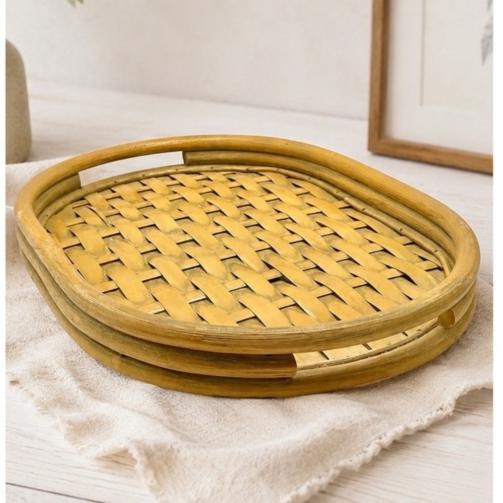 Vintage Bamboo Rattan Serving Tray Oval Woven Boho Coastal Decor 16.5"